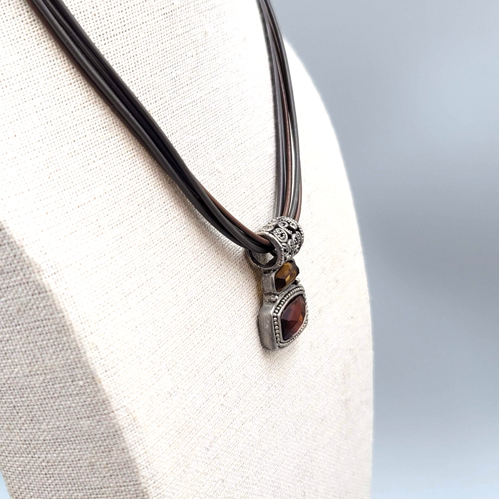 Cookie Lee Necklace Leather Cord Silver tone Orange Pendant 16"+