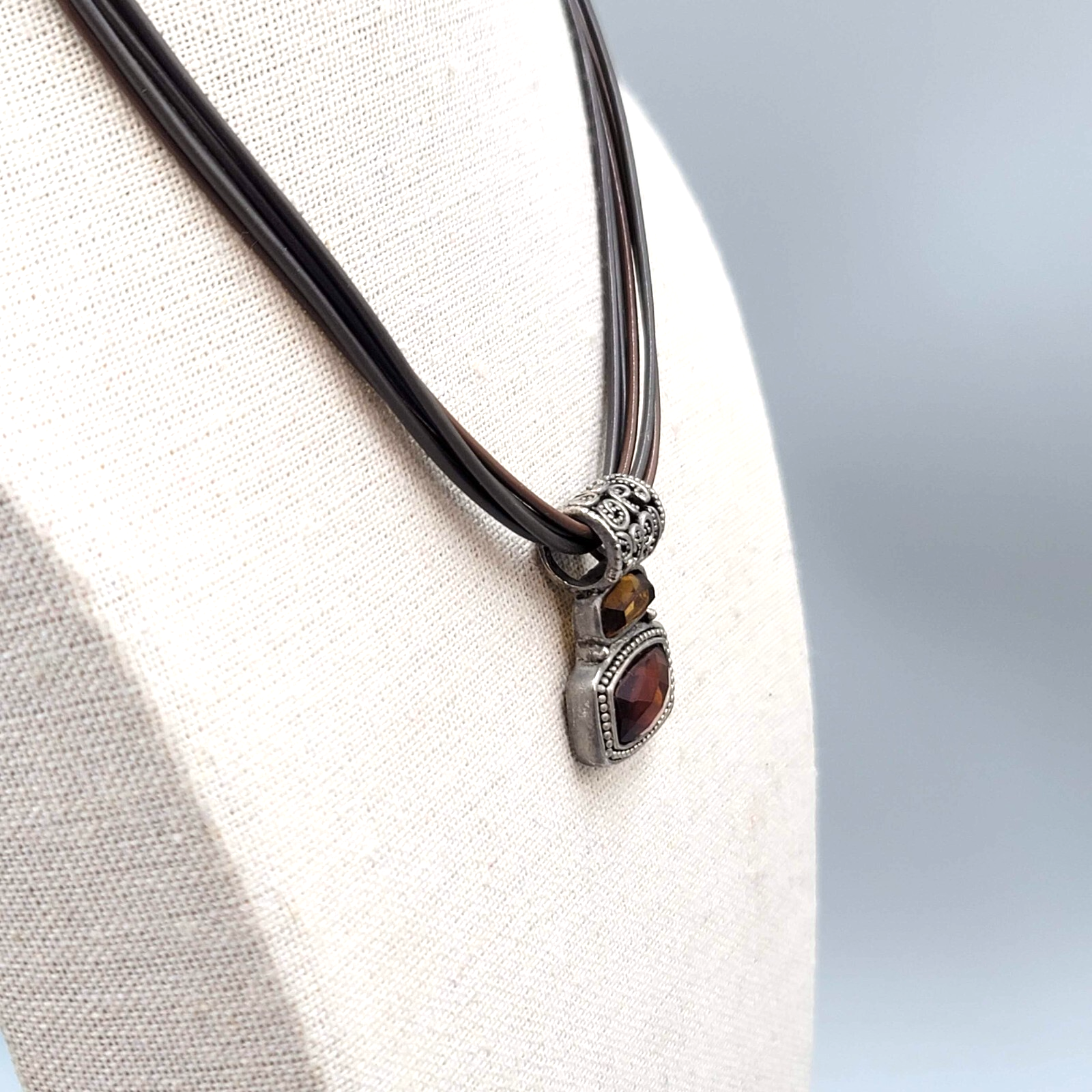 Cookie Lee Necklace Leather Cord Silver tone Orange Pendant 16"+