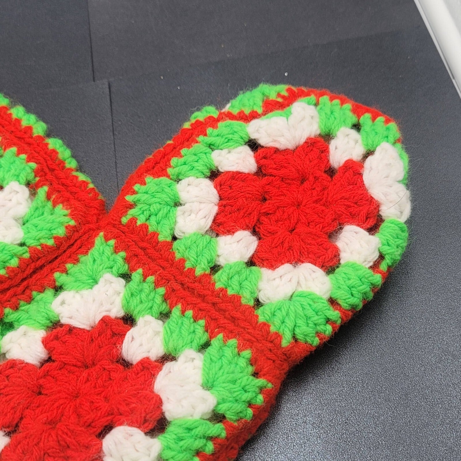Handmade Crocheted Granny Square Red Green White Christmas Stocking 15"