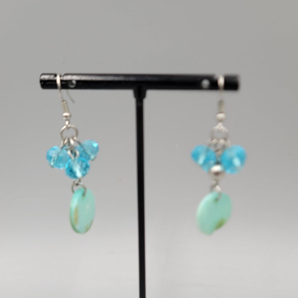 Blue Crystal Bead Dangle Pierced Earrings Silver Tone Shell Disc Drop Boho 1.25"