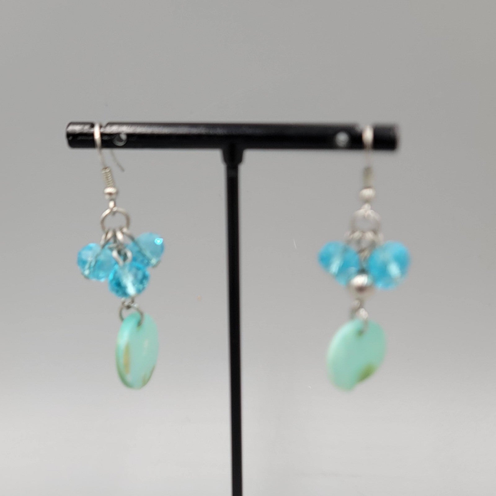 Blue Crystal Bead Dangle Pierced Earrings Silver Tone Shell Disc Drop Boho 1.25"