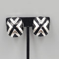 Vintage Large Statement Clip on Earrings Silver Plated Black Enamel Drop 1 1/8"