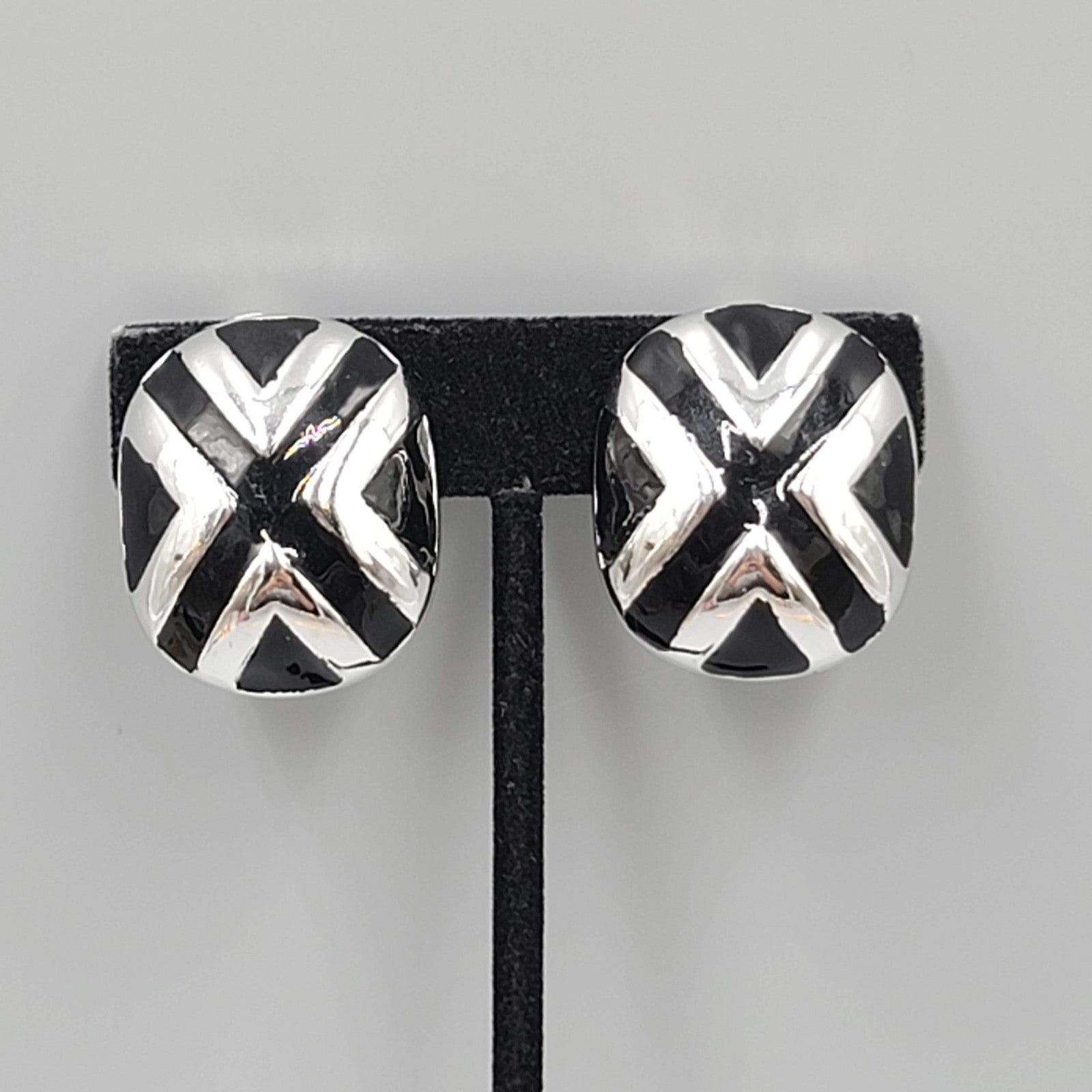 Vintage Large Statement Clip on Earrings Silver Plated Black Enamel Drop 1 1/8"