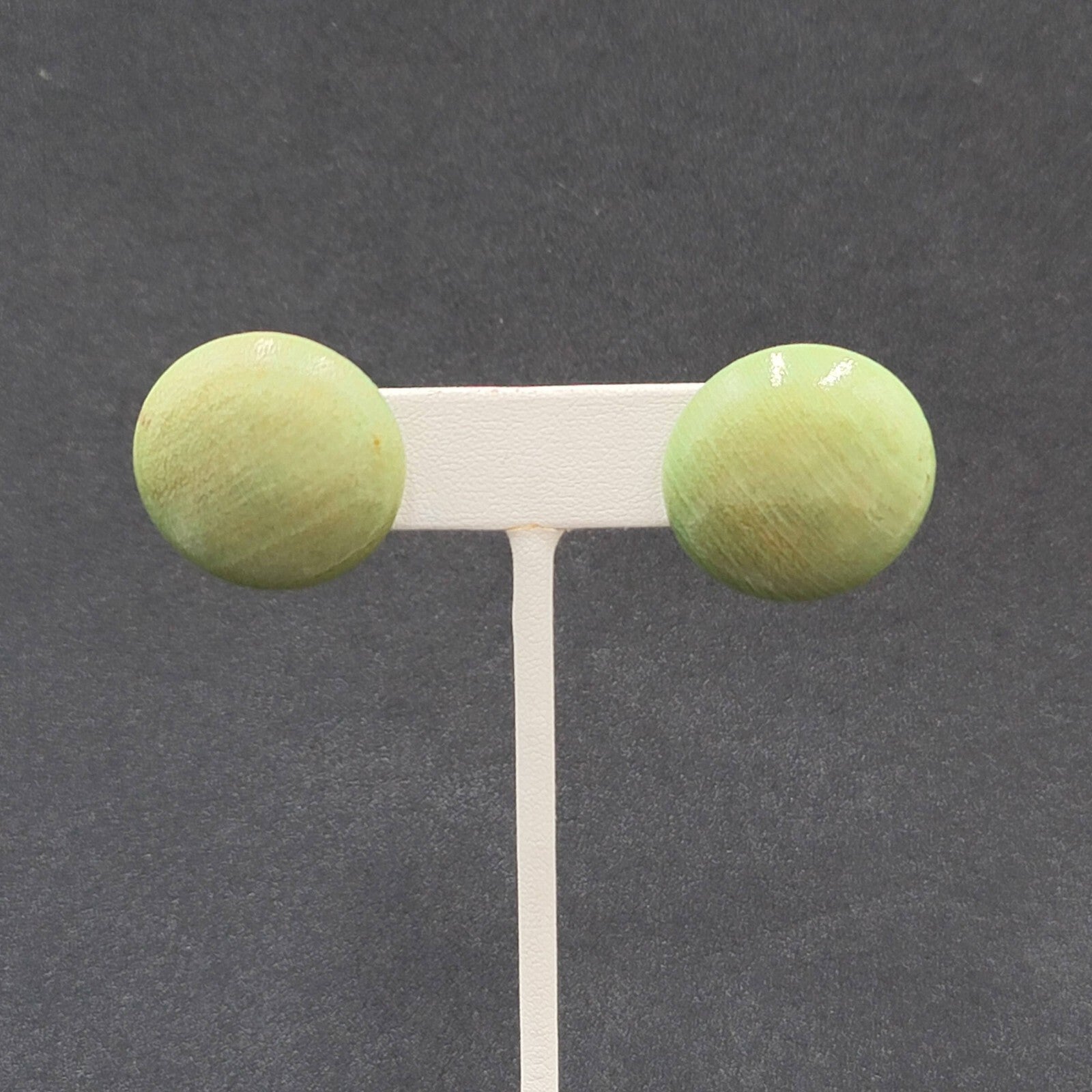 Vintage Pierced Earrings Stained Green Wood Disc Drop 1"