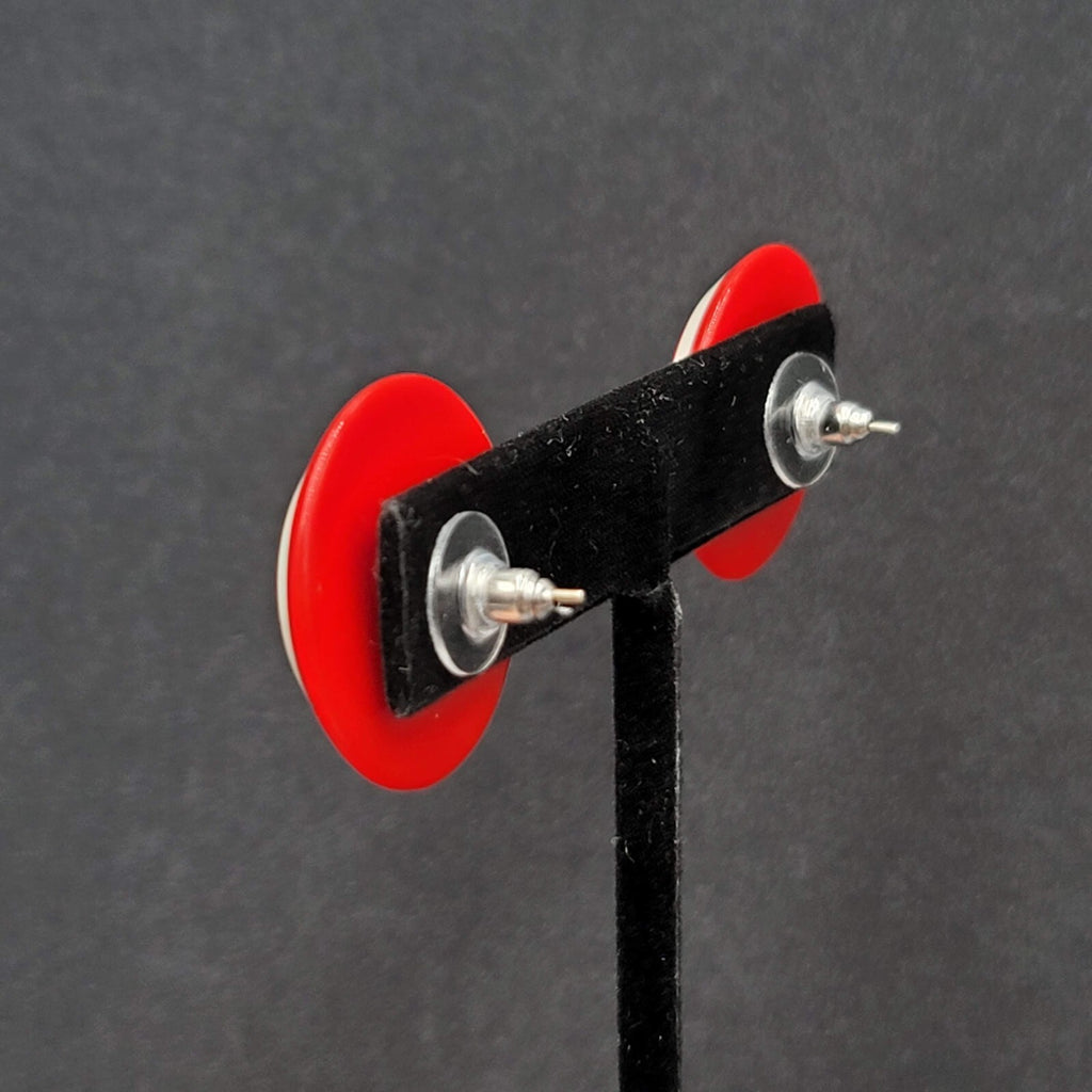 Vintage Pierced Earrings Bright Red and White Acrylic Round Studs 1"