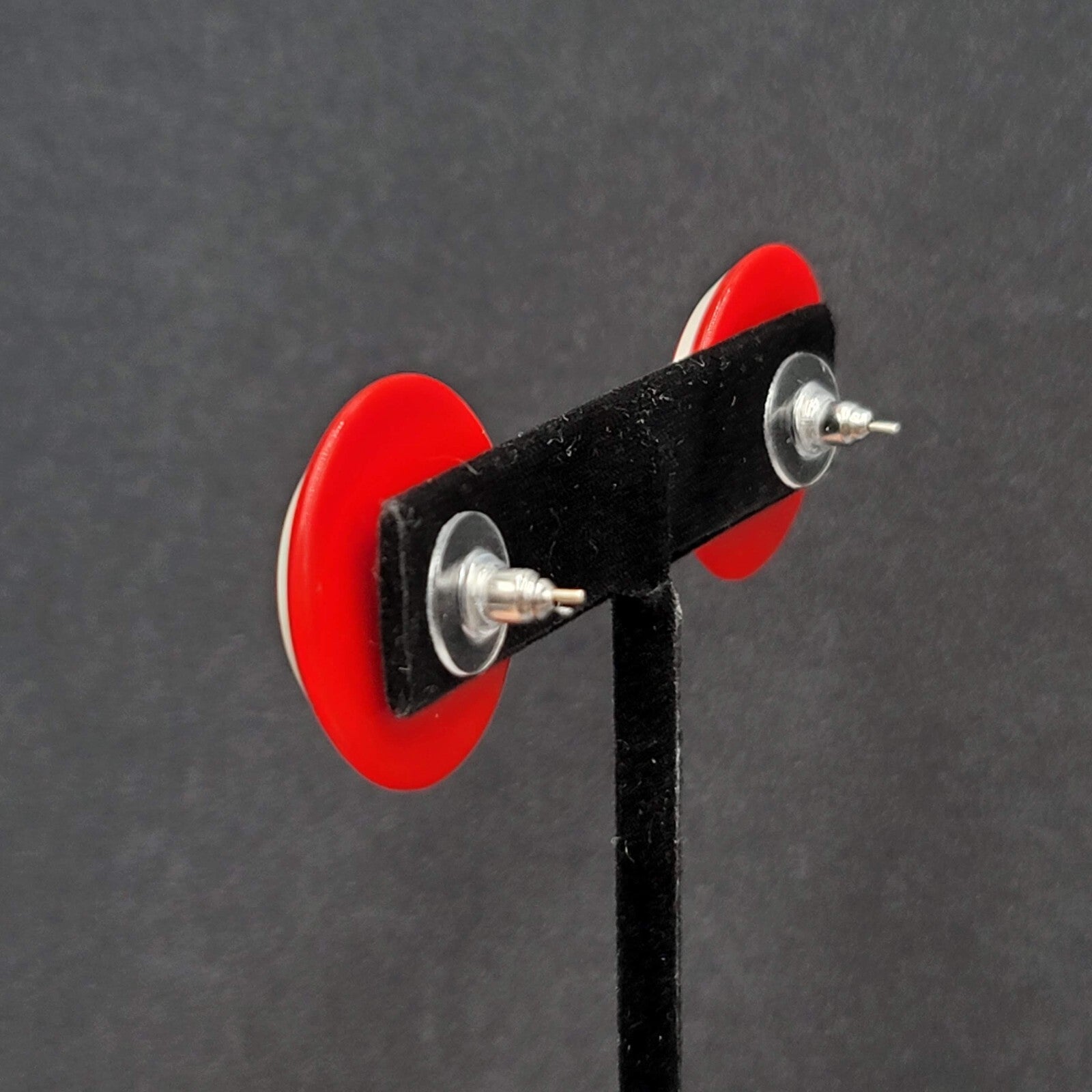 Vintage Pierced Earrings Bright Red and White Acrylic Round Studs 1"