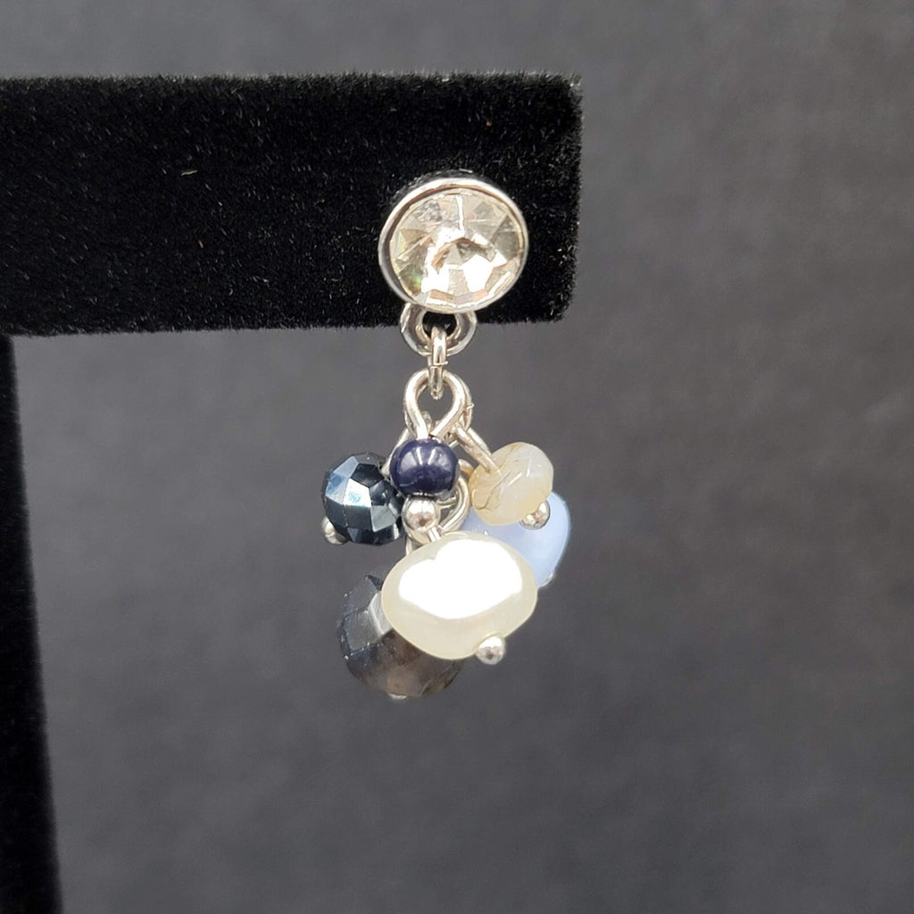 Pierced Earrings Silver tone Crystal Glass Pearl Beads Blues Dangle 1.25"