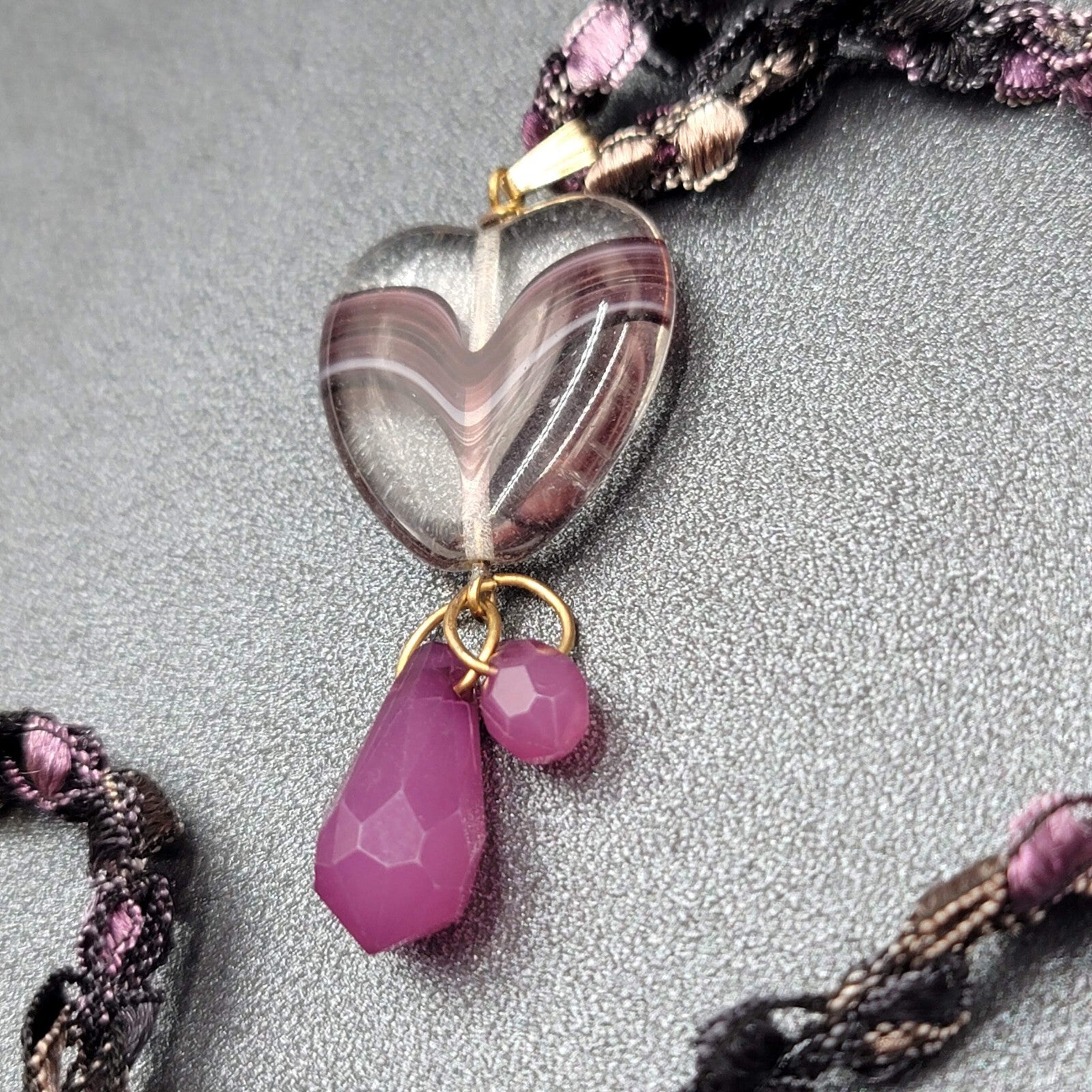 Purple Necklace Art Glass Heart Pendant 20"