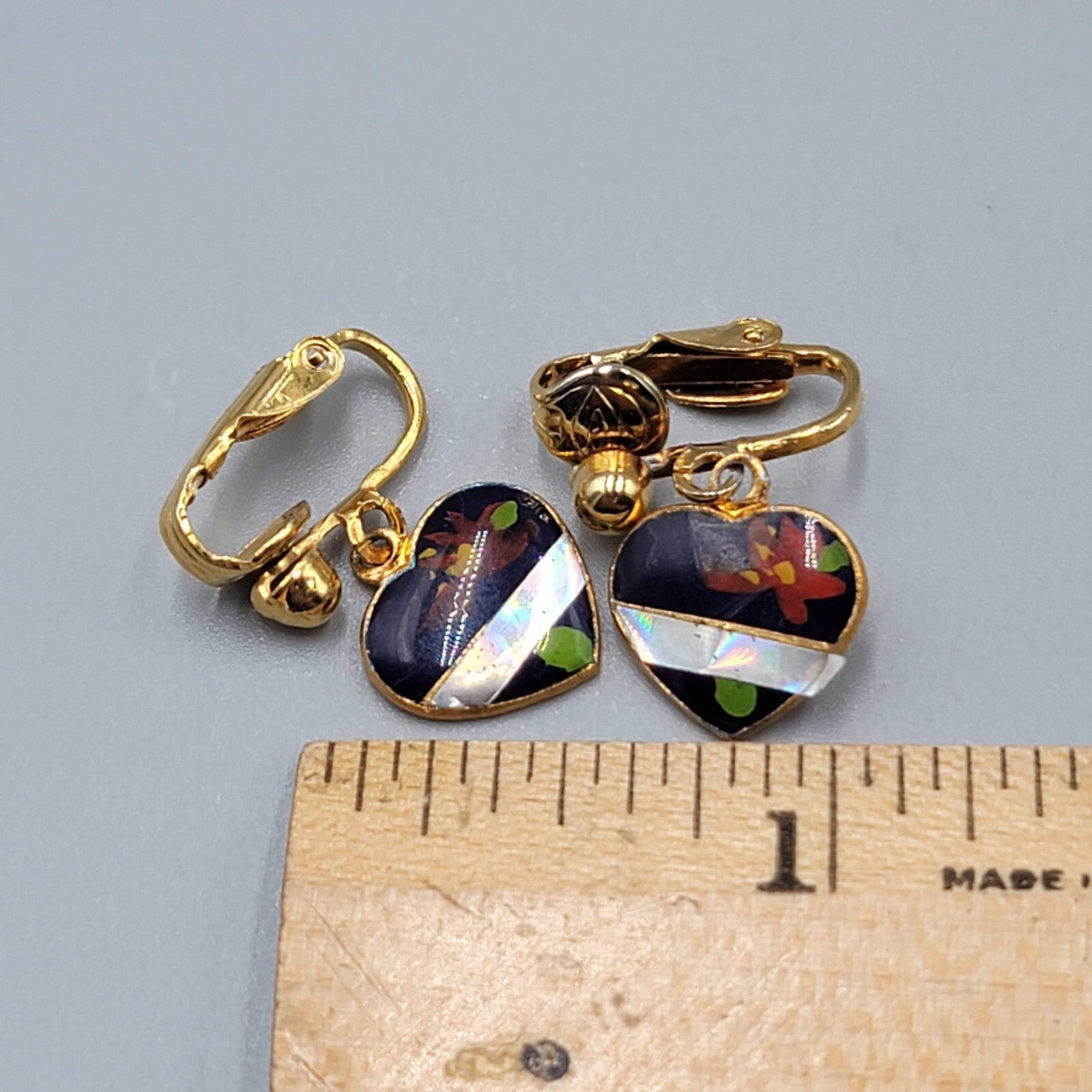 Vintage Blue Heart Dangle Clip on Earrings Gold tone Flower 1/2"