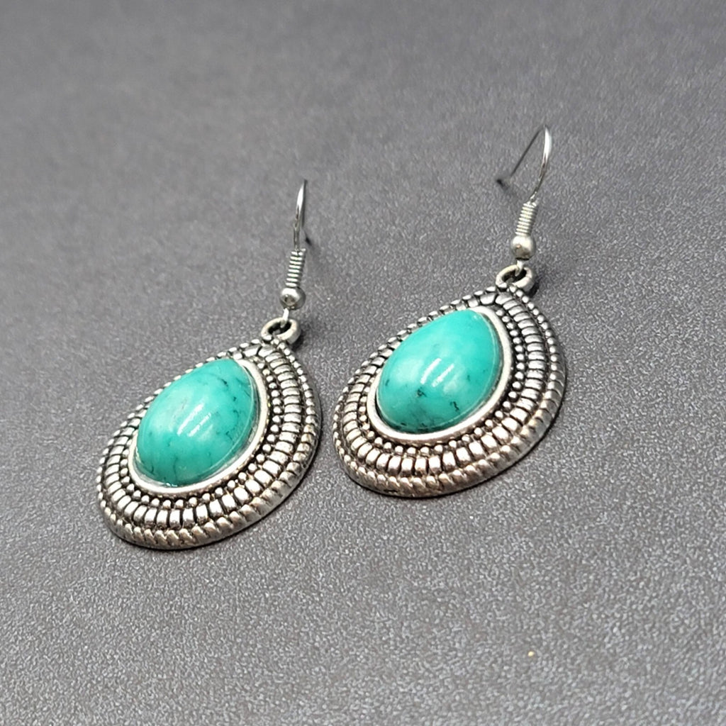 Pierced Earrings Silver tone Faux Resin Turquoise Blue Teardrop Dangle 1 3/8"
