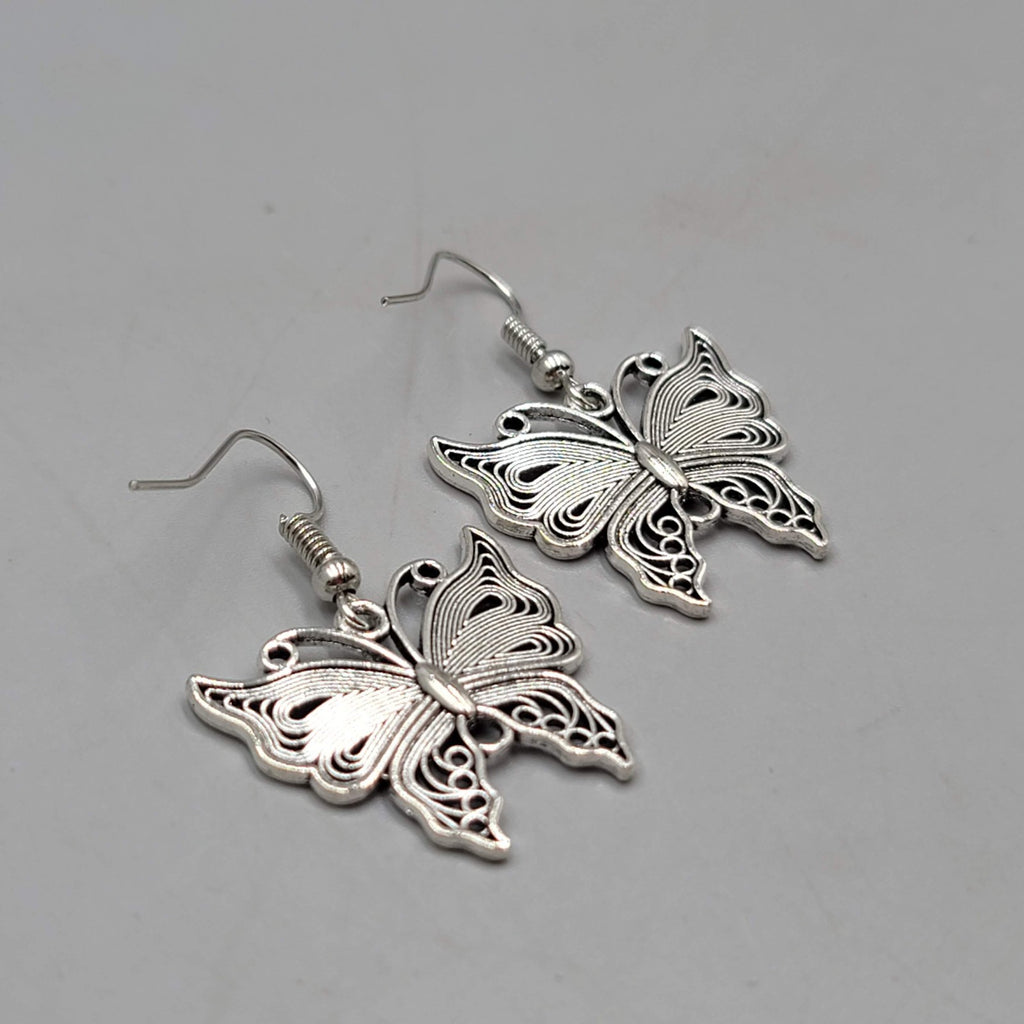 Filigree Butterfly Pierced Earrings Silver tone Dangle 1"