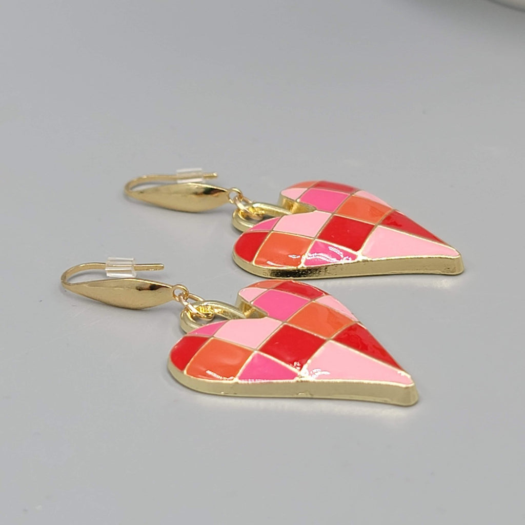 Pink Enamel Checkered Heart Pierced Earrings Gold tone Dangle Large 1.5"