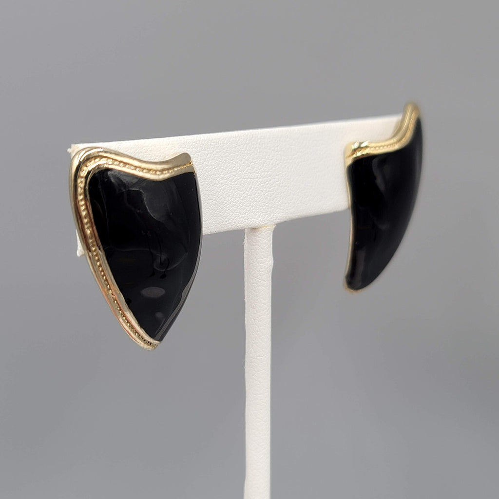 Vintage Pierced Earrings Gold tone Black Enamel Statement Drop 1.25"