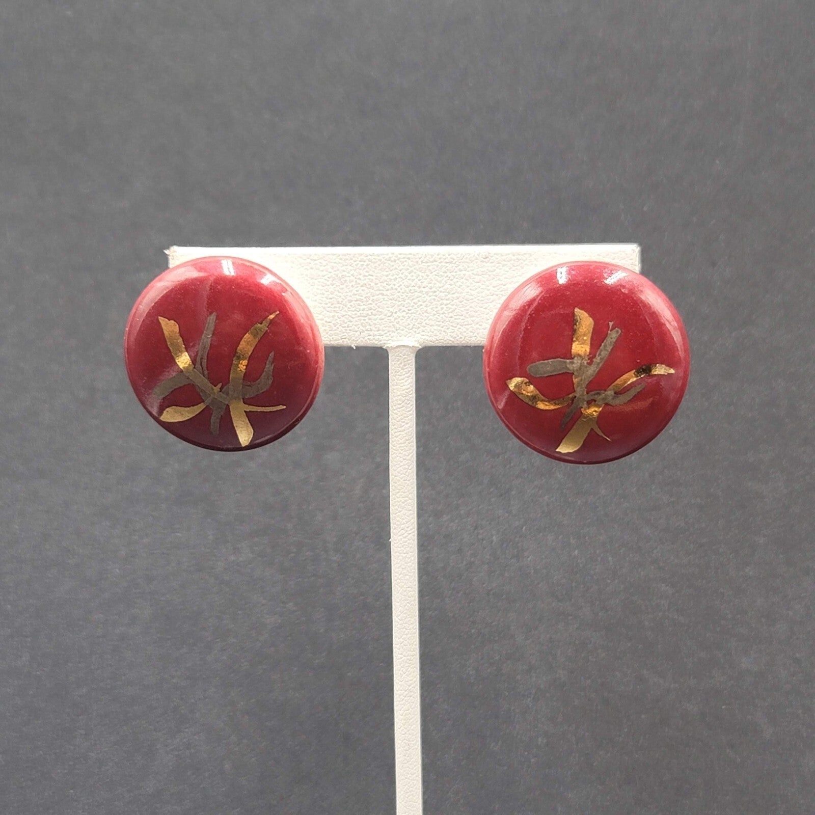 Vintage Pierced Earrings Red Hand Painted Round Pottery Drop  1"