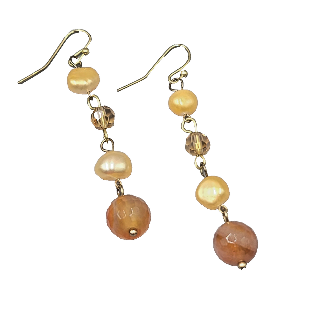 Agate and Pearl Pierced Earrings Gold tone Dangle 2 in