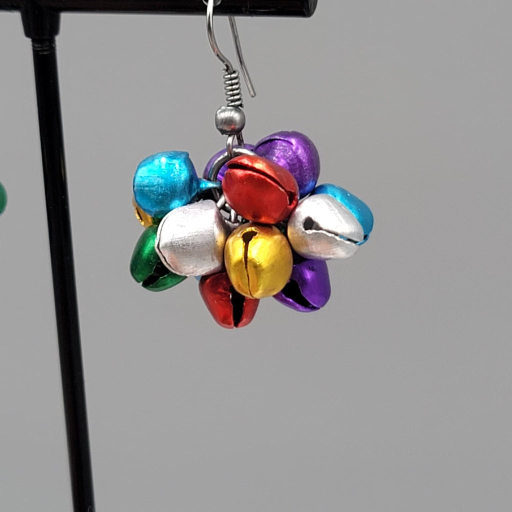 Jingle Bells Pierced Earrings Multi Color Dangle 7/8"