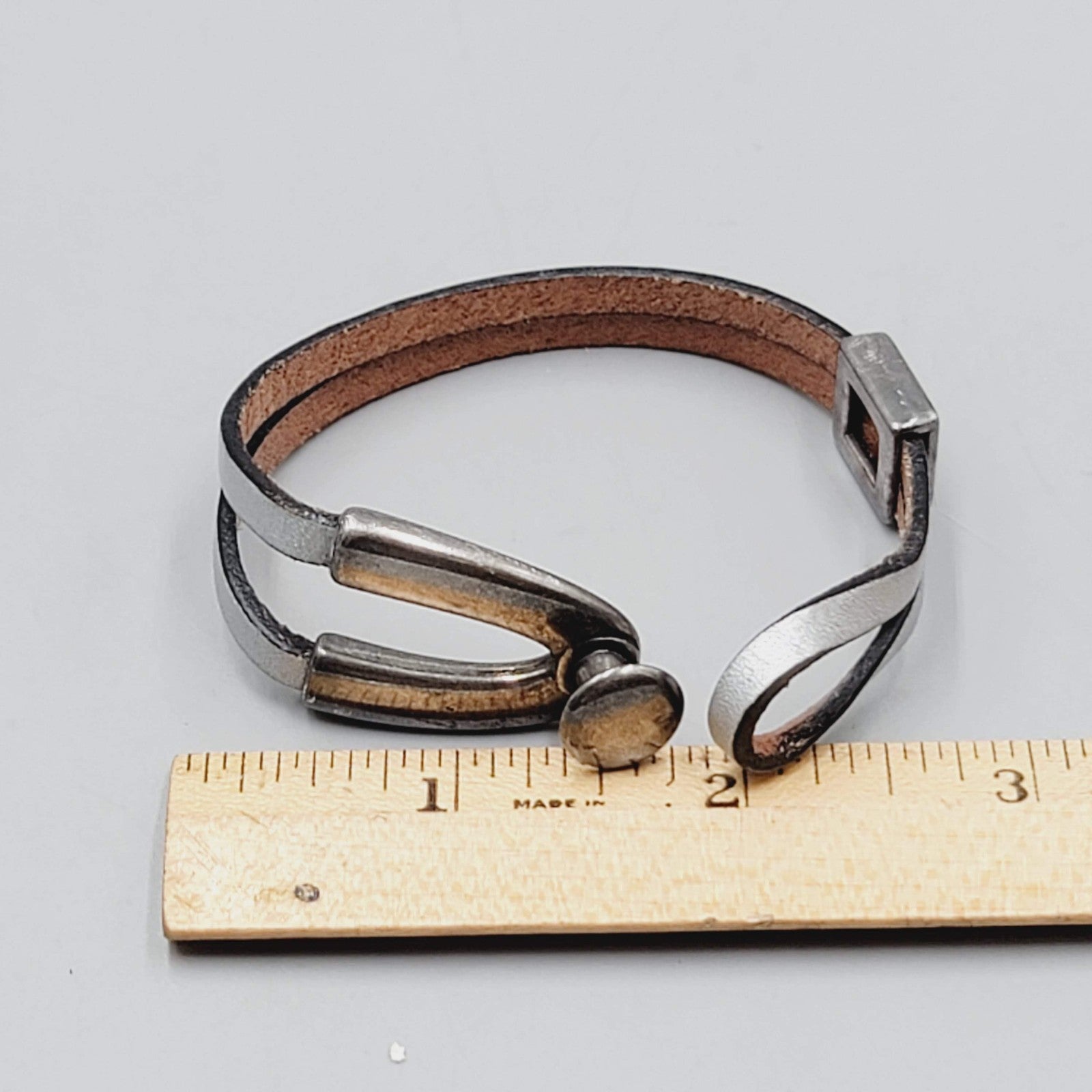 Gray Leather Button Bracelet Small Modernist Style 6 in