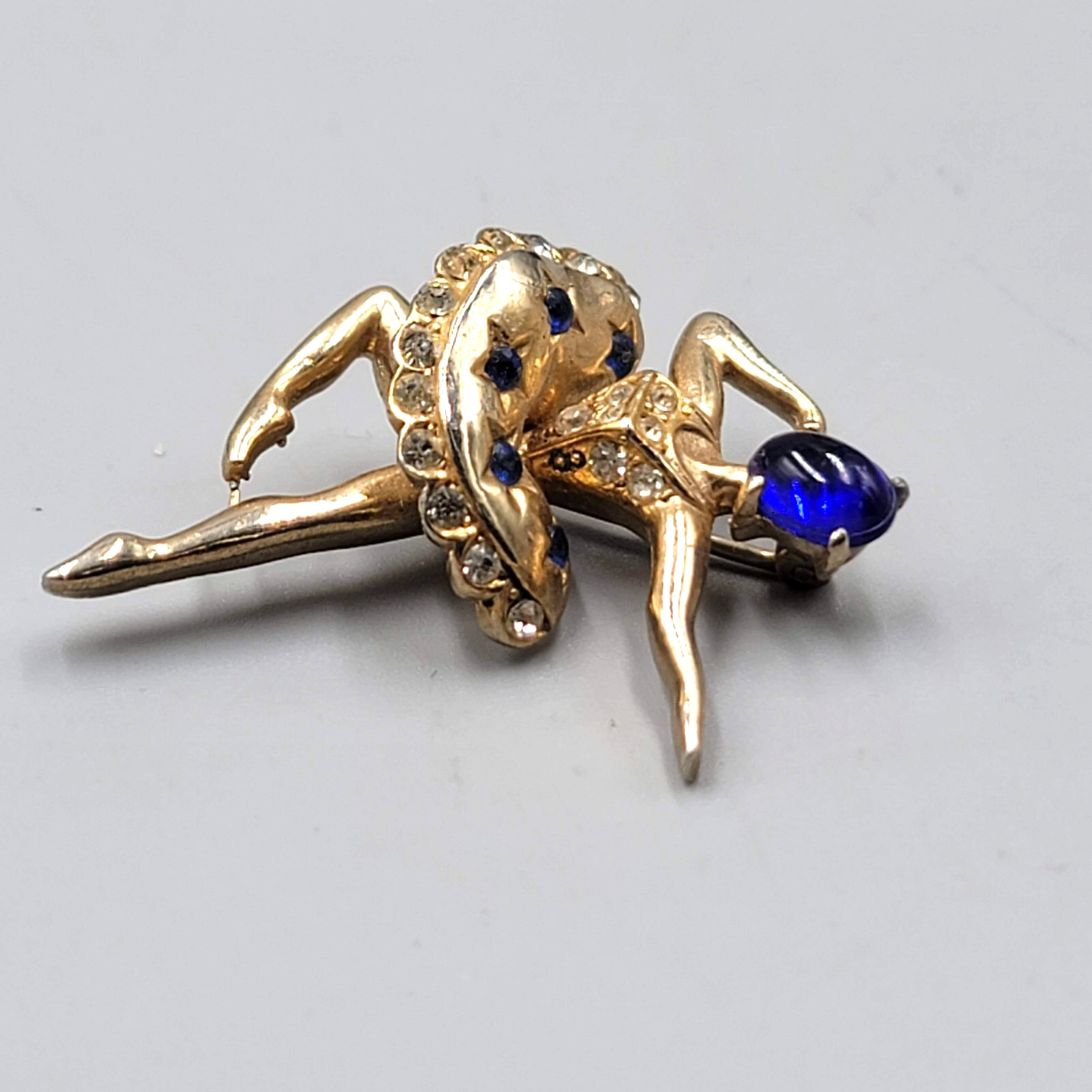Vintage Coro Ballerina Brooch Blue Stone Jelly Face 1940s 1.5"