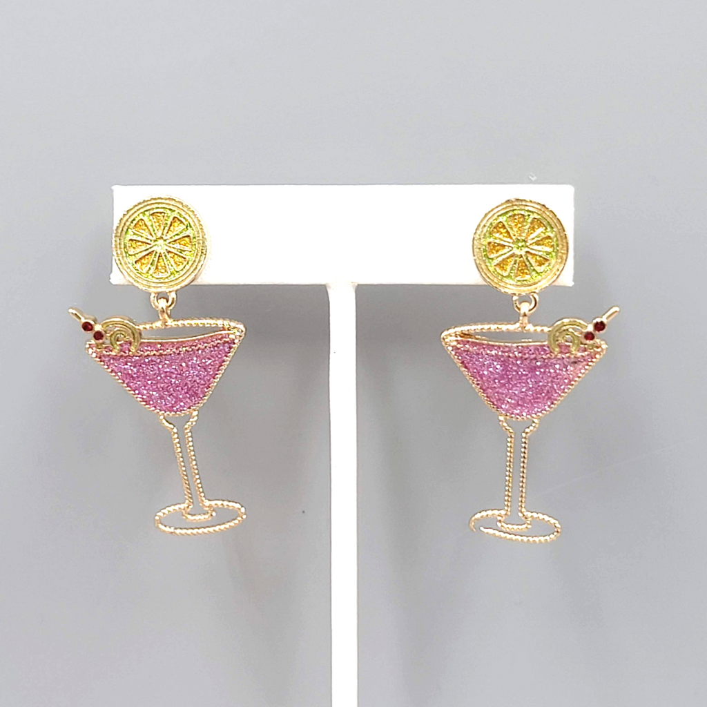 Pink Martini Cocktail Pierced Earrings Gold tone Dangle 2"