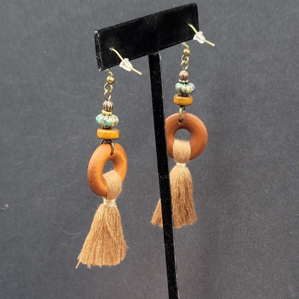 New Boho Pierced Earrings Bronze tone Wood Ring Tassel Dangle 2.25"