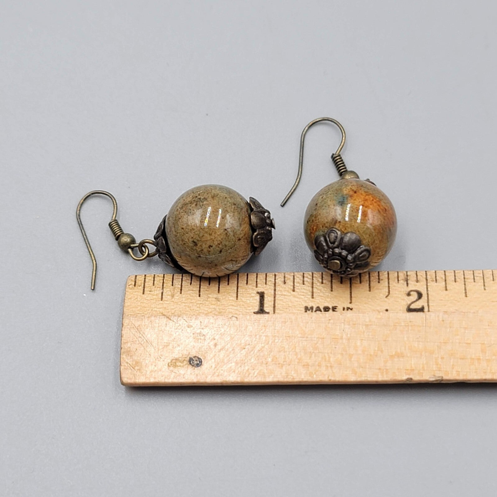 Ceramic Green Bead Pierced Earrings Bronze tone Dangle 1"