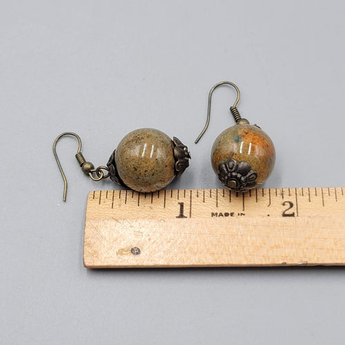 Ceramic Green Bead Pierced Earrings Bronze tone Dangle 1"