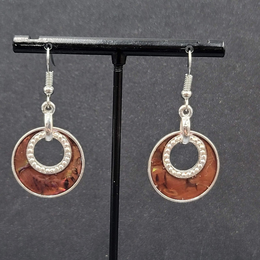 Pierced Earrings Silver tone Faux Abalone Dangle Open Circle 1"