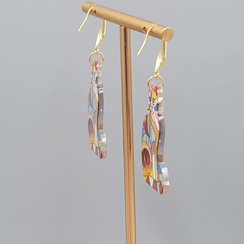 Multicolor Mosiac Kitty Cat Pierced Earrings Acrylic Dangle Gold tone 1.5" long
