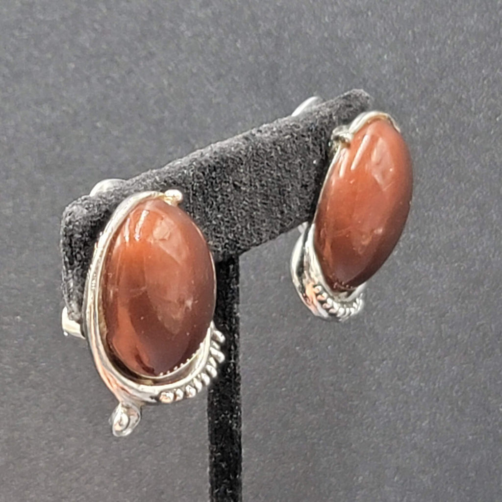 Vintage Clip on Earrings Silver tone Brown Oval Cabochon Acrylic Drop 1 1/8"