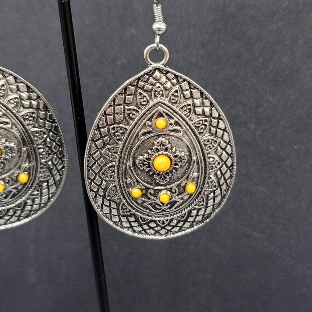 Pierced Earrings Silver tone Teardrop Medallion Yellow Accents Boho 1 7/8"