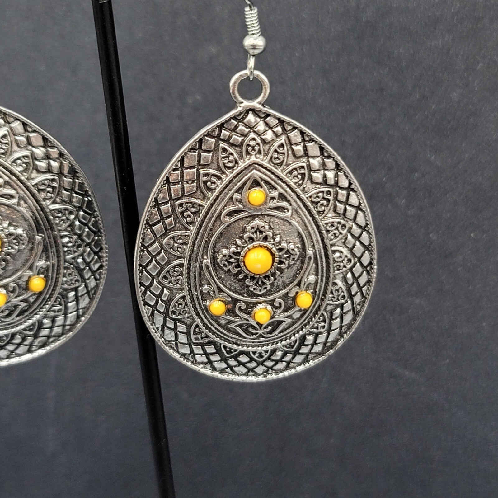Pierced Earrings Silver tone Teardrop Medallion Yellow Accents Boho 1 7/8"
