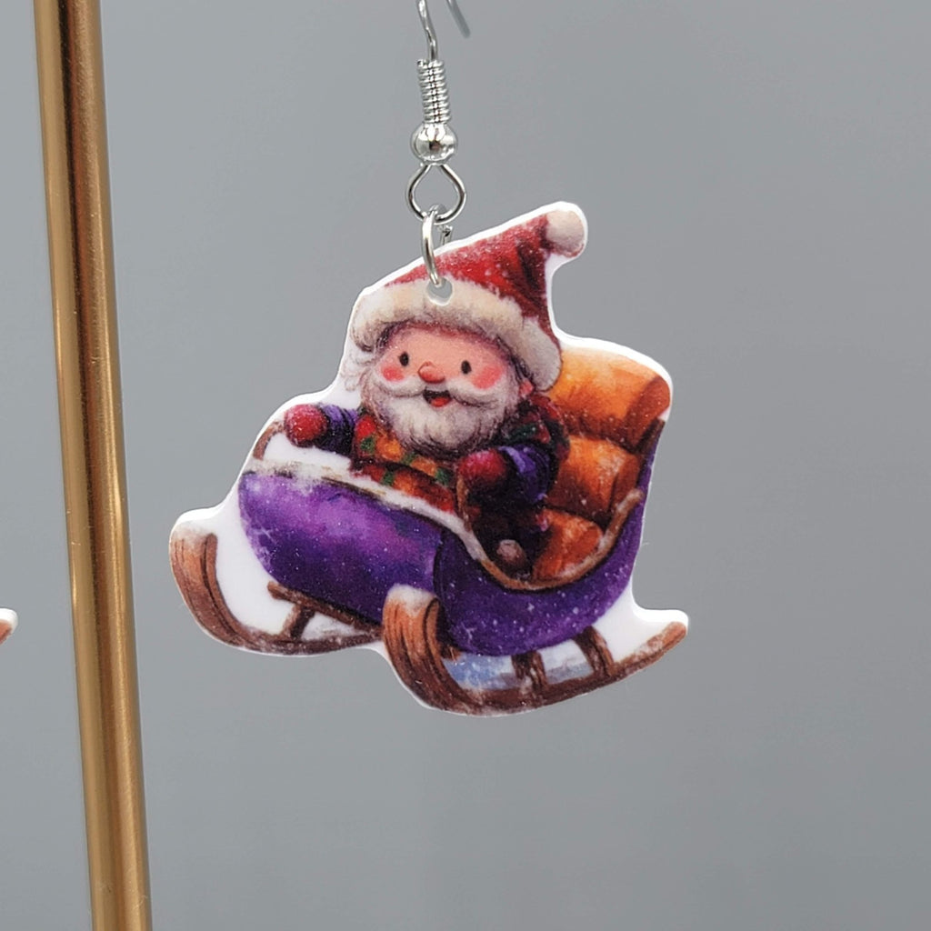 Christmas Santa Sleigh Pierced Earrings Silver tone Dangle 1.25 in