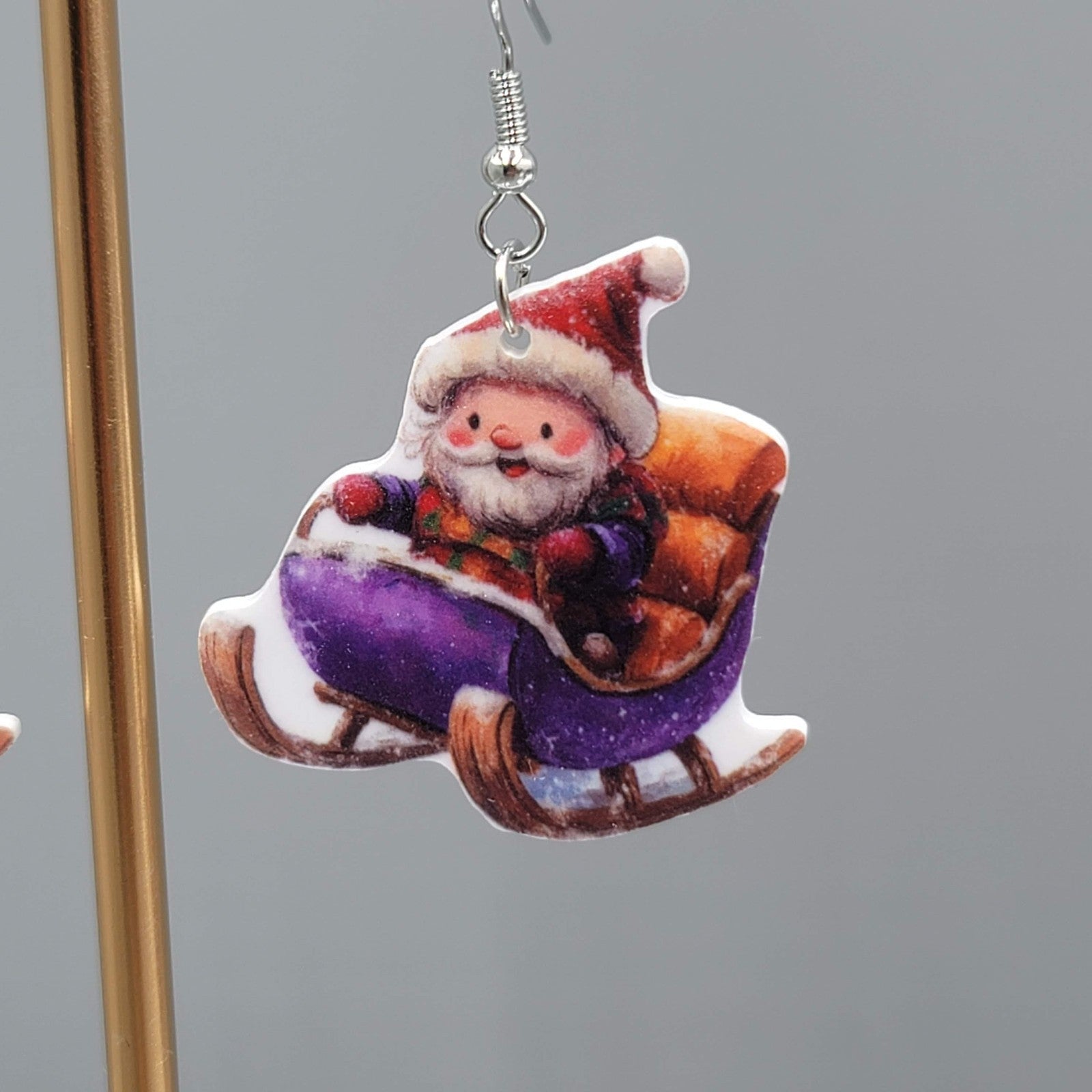 Christmas Santa Sleigh Pierced Earrings Silver tone Dangle 1.25 in