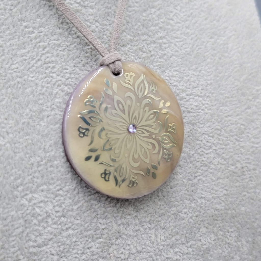 Round Shell Pendant Necklace Gray Leather Cord 16"