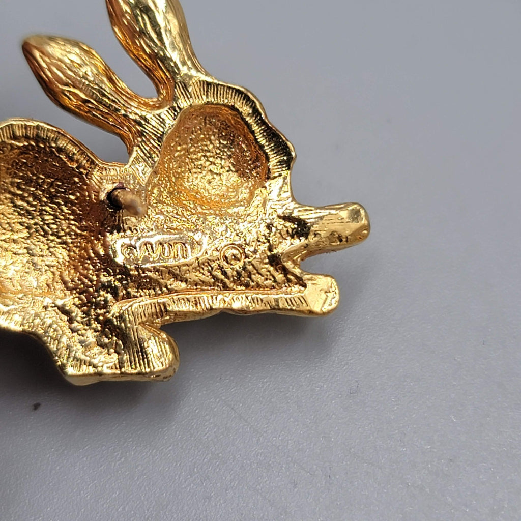 Vintage Avon Bunny Rabbit Brooch Gold tone Rhinestone Pin 1"