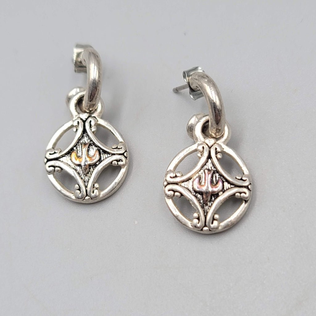 Pierced Earrings Silver tone Dangle Hoops Embossed Bird 1"