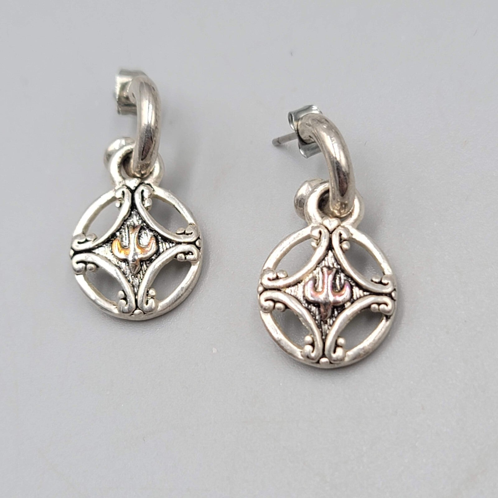 Pierced Earrings Silver tone Dangle Hoops Embossed Bird 1"