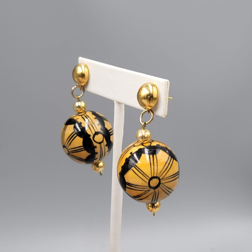 Vintage Large Bead Statement Necklace Pierced Earring Set Tan Black Gold tone