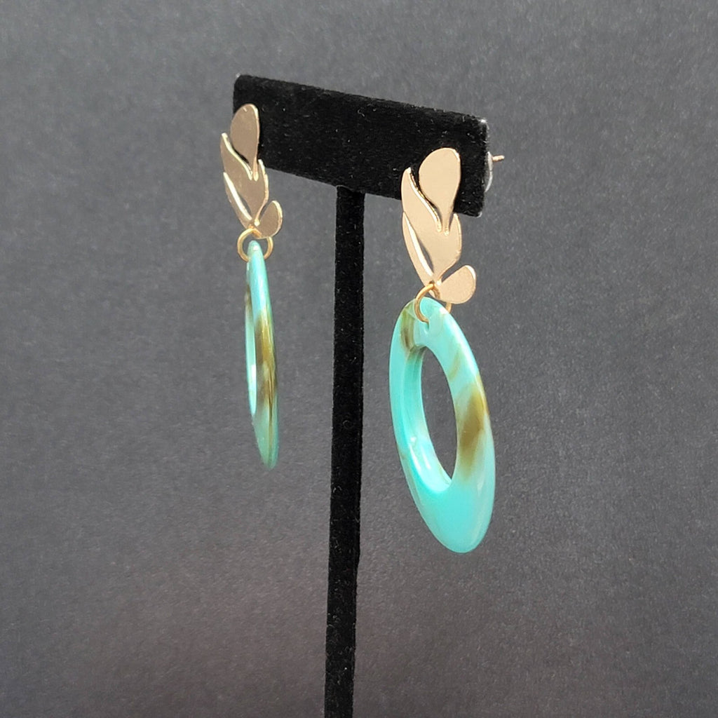Pierced Earrings Gold tone Turquoise Acrylic Lightweight 2.25"