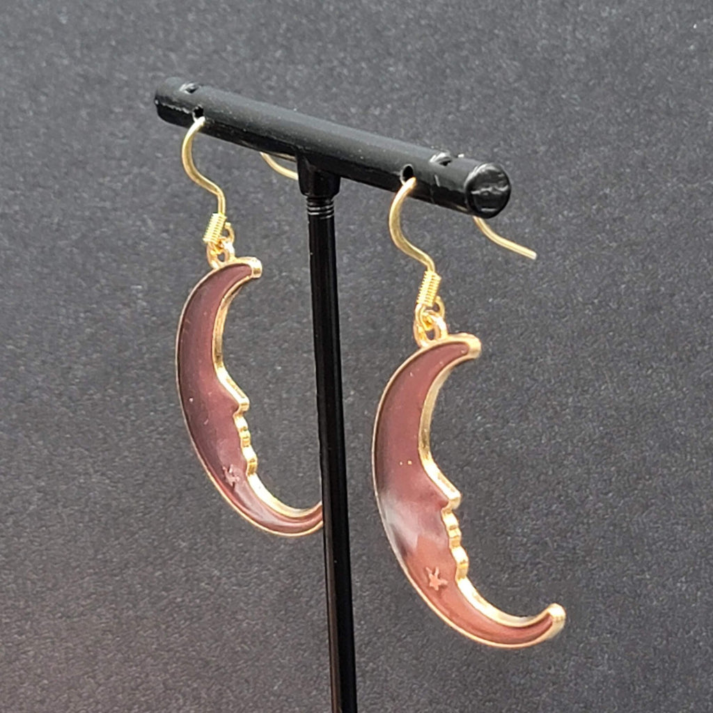 New Moon Pierced Earrings Gold tone Purple Enamel Dangle 1.25"