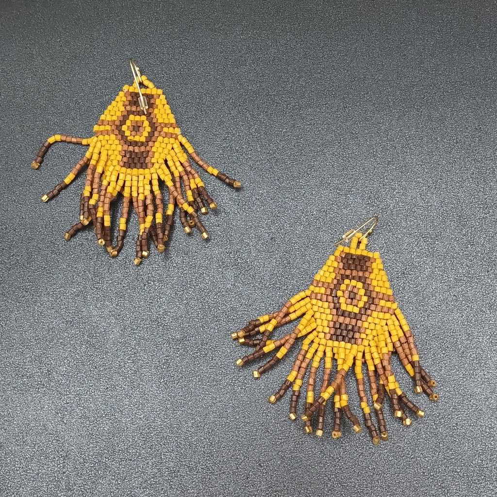 Pierced Earrings Wood Bead Weaved Browns Gold tone Dangle 2.75"
