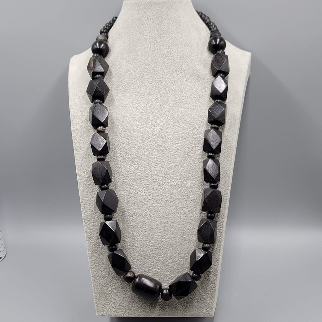 Vintage Large Black Wood Bead Statement Necklace Estate Costume Jewelry