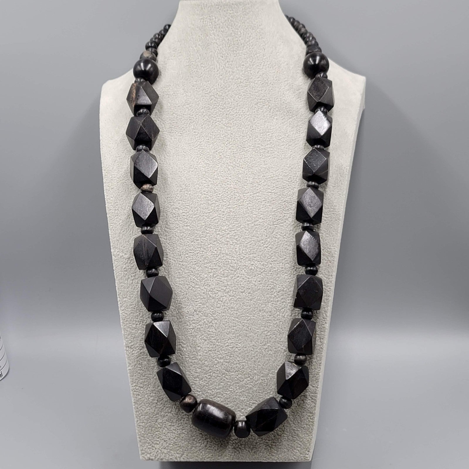 Vintage Large Black Wood Bead Statement Necklace Estate Costume Jewelry