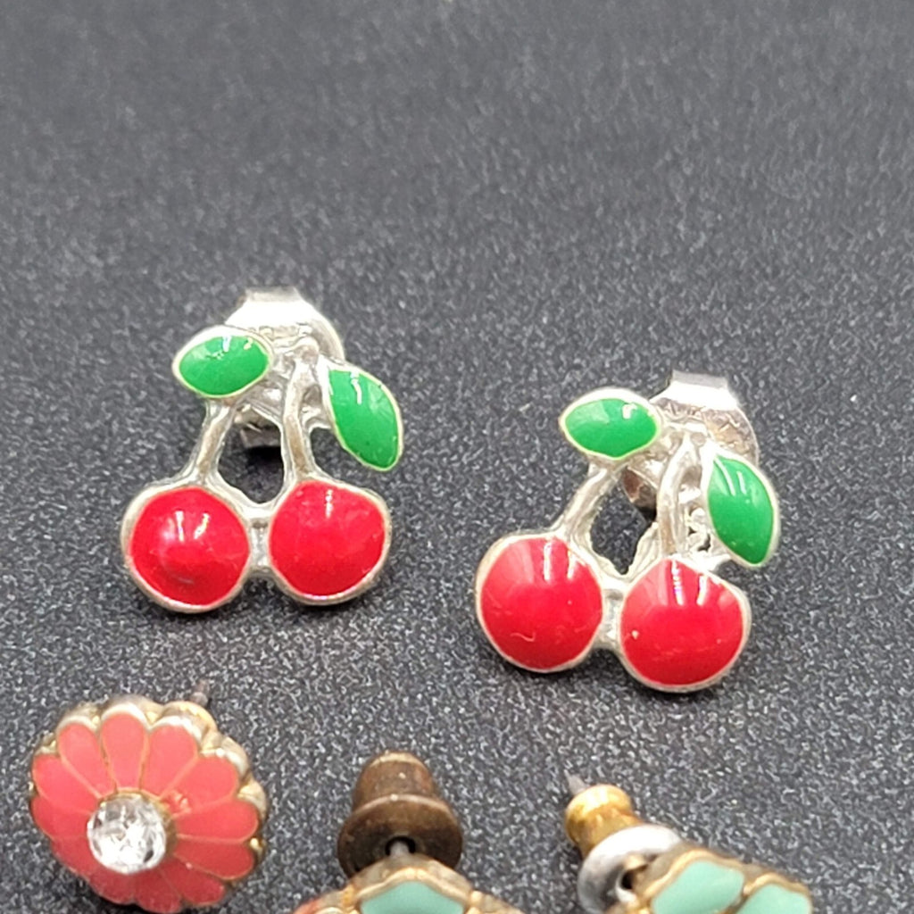 Lot of 5 Pierced Earrings Studs Cherrys Enamel Flowers Rhinestone Gold tone