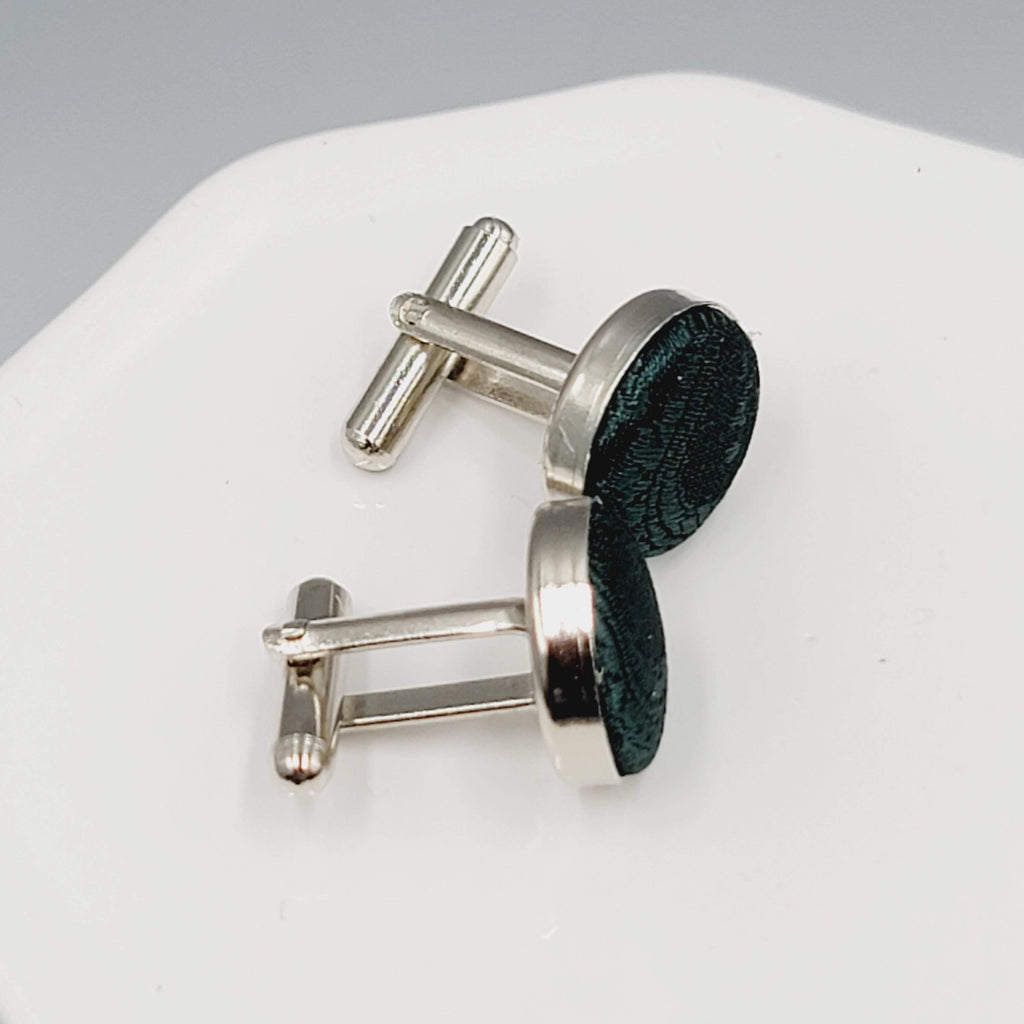 Mens Cufflinks Silver tone Round Evergreen Green Fabric Modern 5/8"