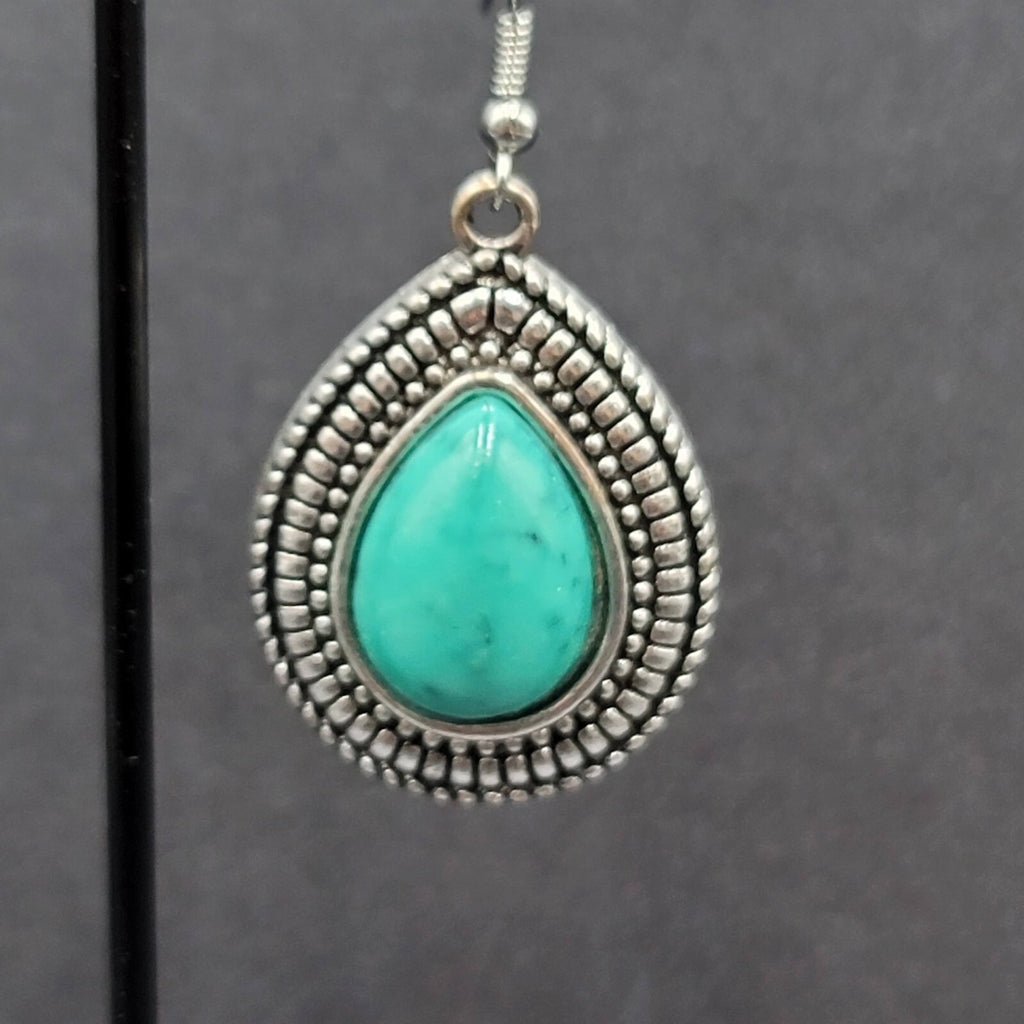 Pierced Earrings Silver tone Faux Resin Turquoise Blue Teardrop Dangle 1 3/8"