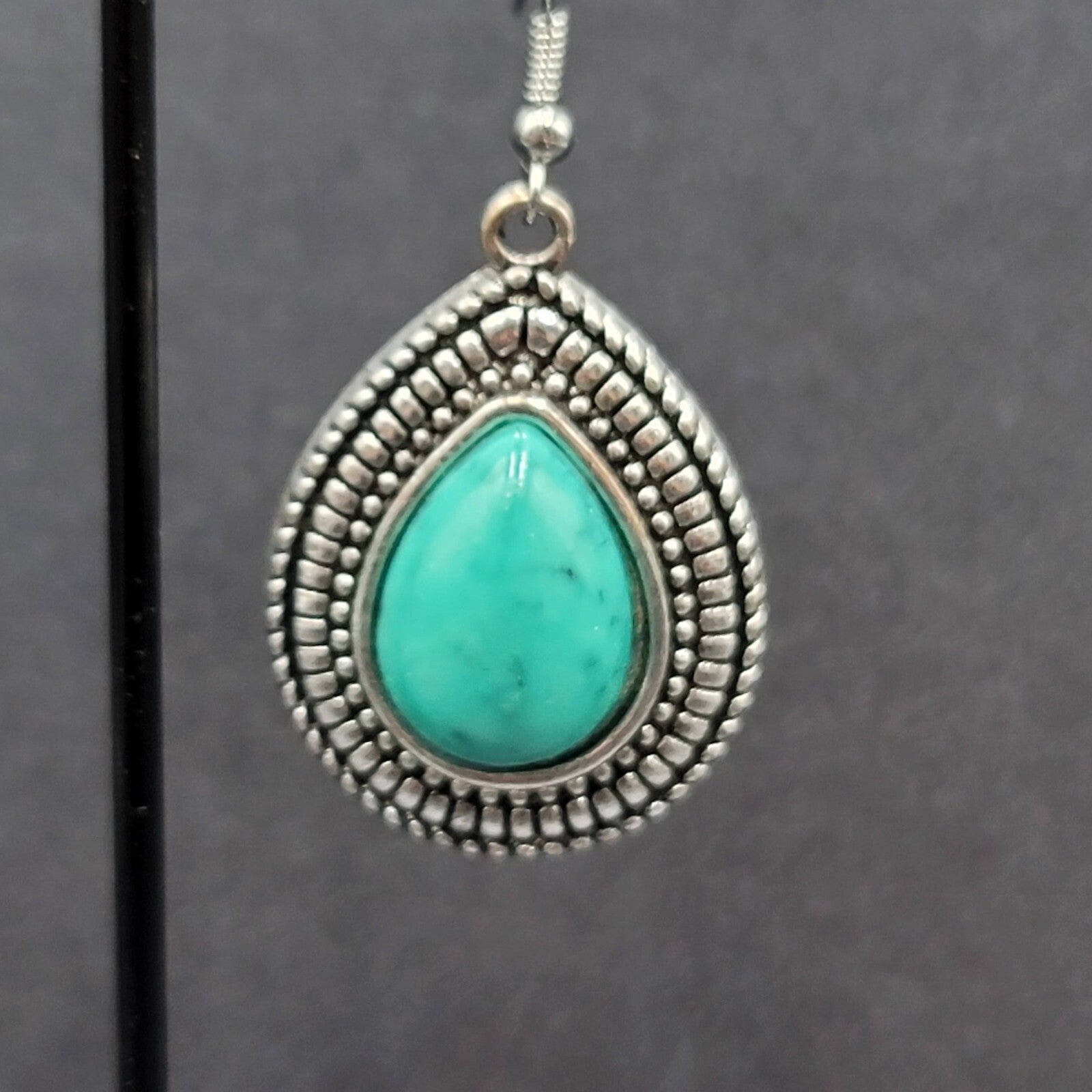 Pierced Earrings Silver tone Faux Resin Turquoise Blue Teardrop Dangle 1 3/8"