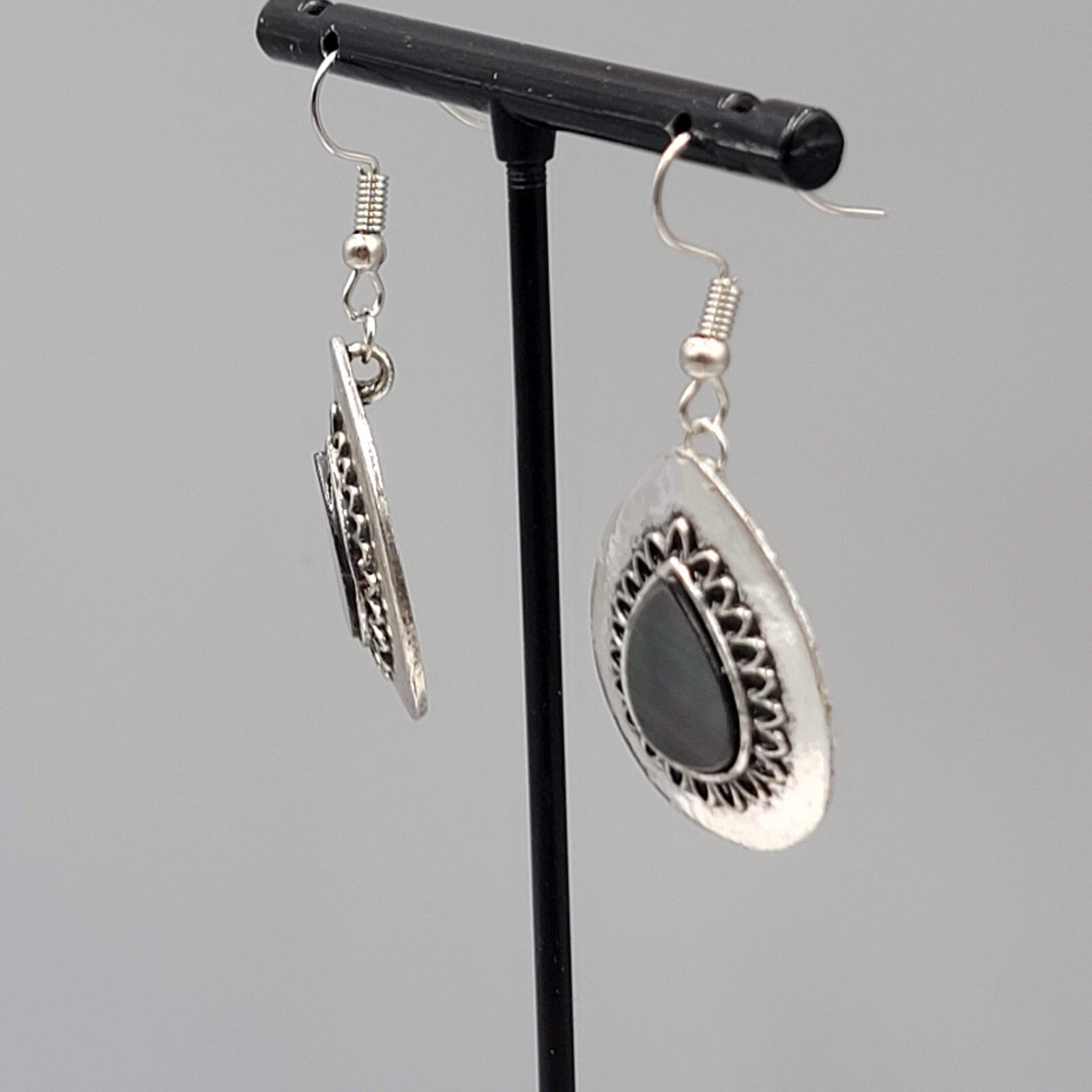 Abalone Pierced Earrings Silver tone Teardrop Dangle 1 1/8"