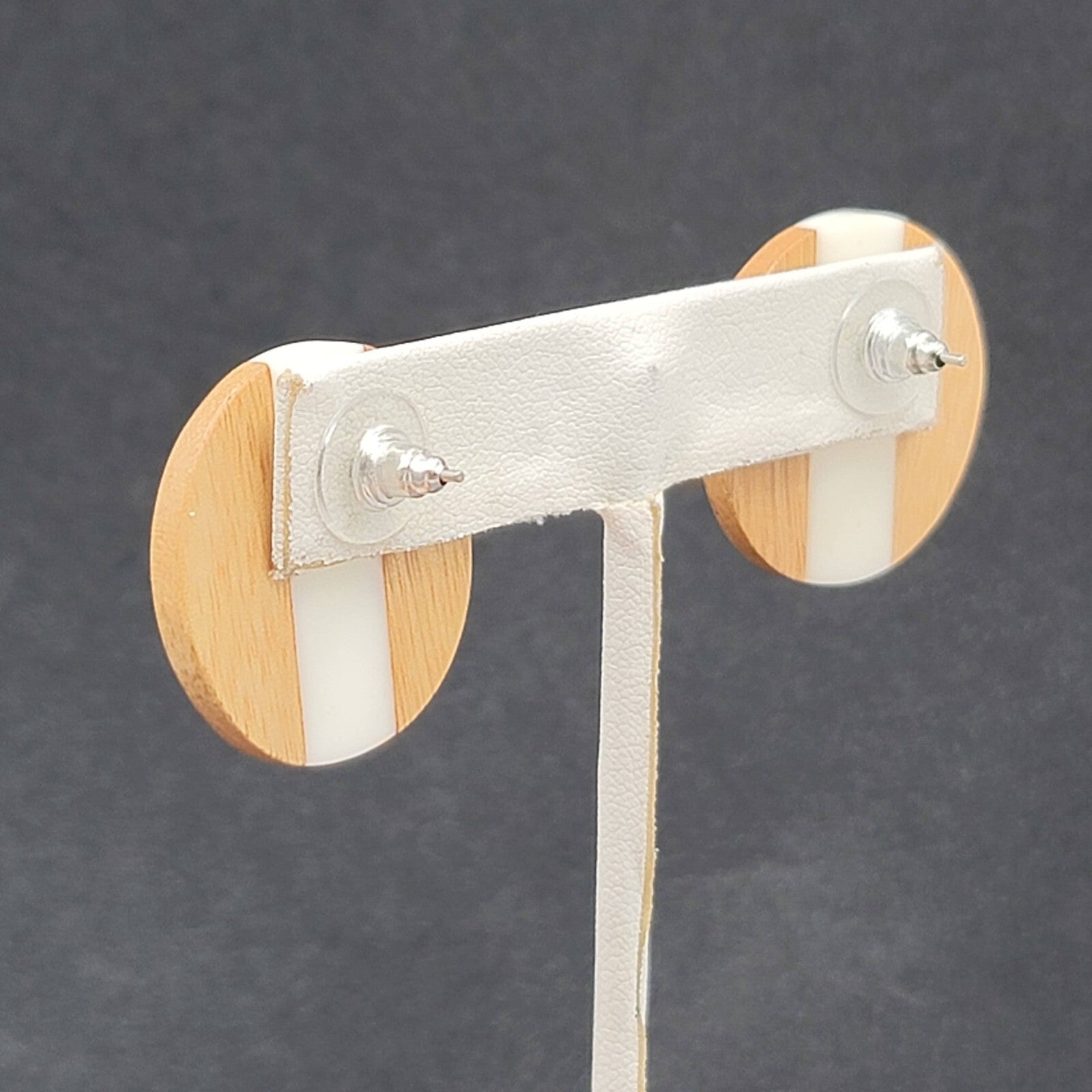 Pierced Earrings Wood White Resin Stripe Round 1 1/8"