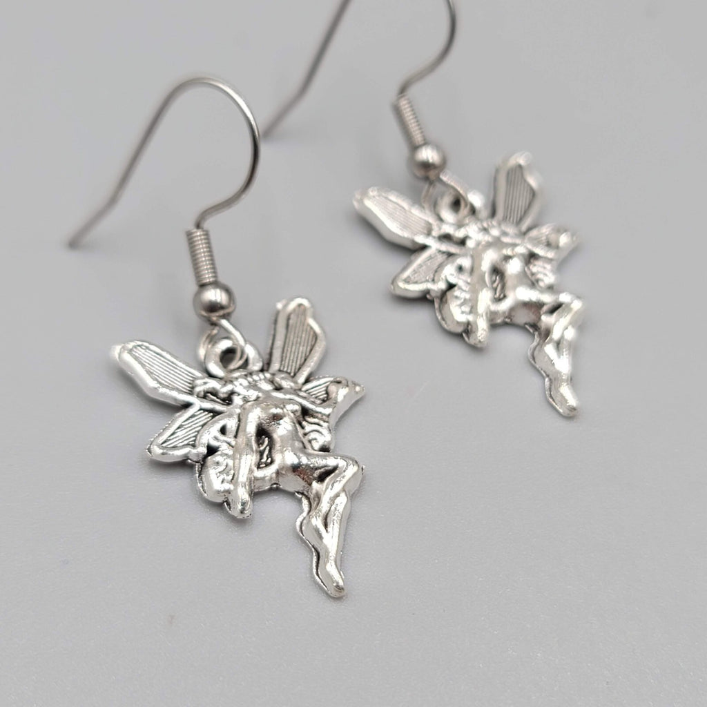 Fairy Pierced Earrings Embossed Silver tone Dangle 3/4"